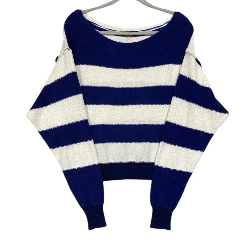 Free People Candyland Pullover Navy Striped Boat Neck Sweater Top Size L